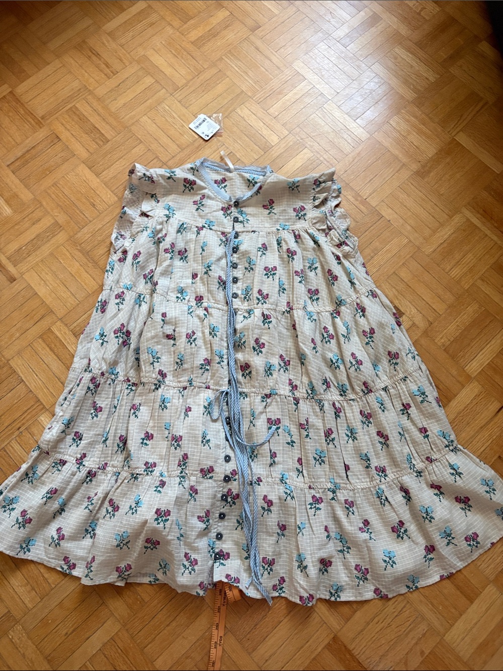 Free People Women's Floral Tiered Cotton tunic Cream with Pink & Teal Flowers